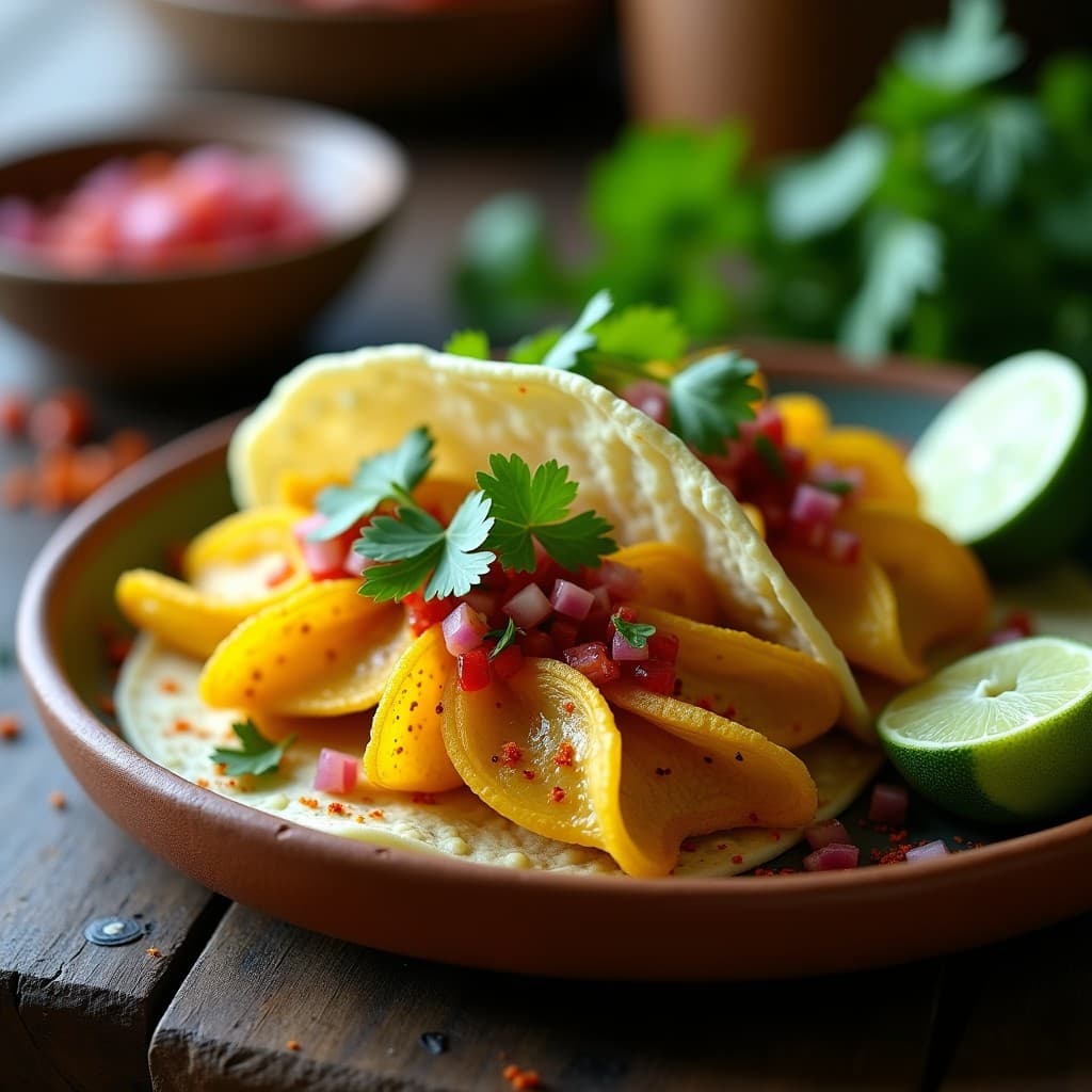 Tacos veganos de flor de calabacín rellena con queso cremoso de anacardos, servidos en tortillas de maíz azules con cebolla morada y cilantro fresco. Plato colorido y apetitoso con detalles de texturas crujientes y cremosas.