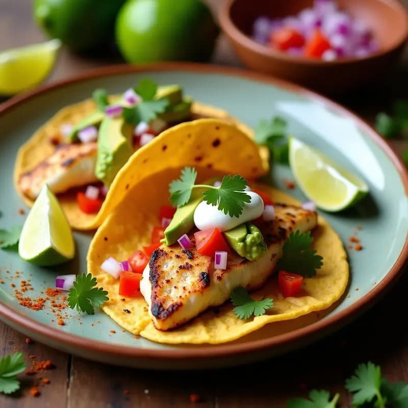 Tacos de pescado blanco grillado con ajo y lima, servidos en tortillas de maíz con salsa cremosa de aguacate y pico de gallo fresco, sobre un plato de barro rústico.