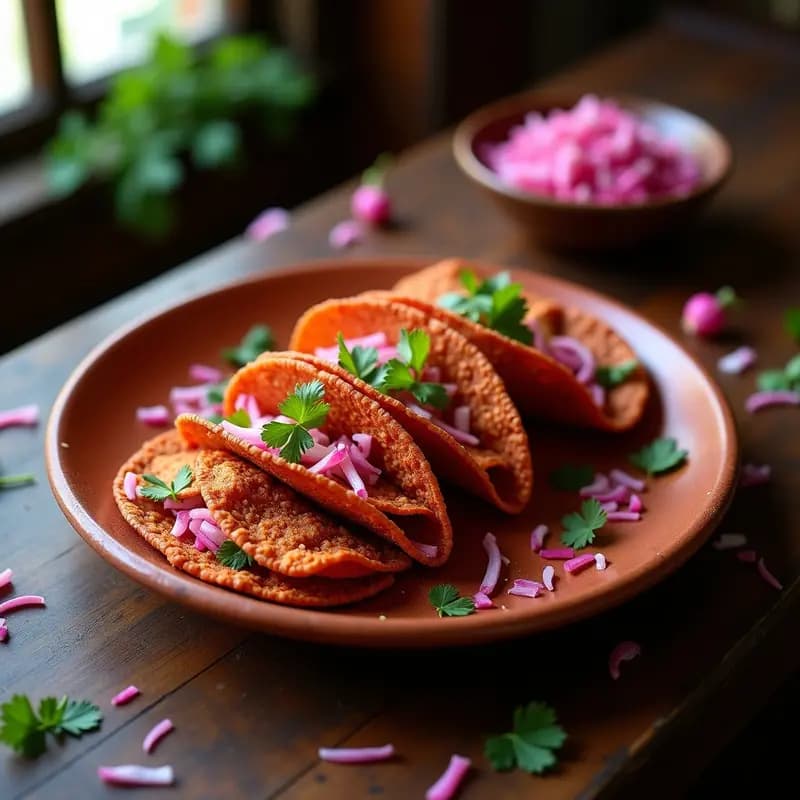 Tacos de jamaica de hibisco crujientes, dorados y rosados, servidos en un plato rústico de barro con cebolla morada, cilantro y semillas de sésamo, receta vegana y sin gluten.