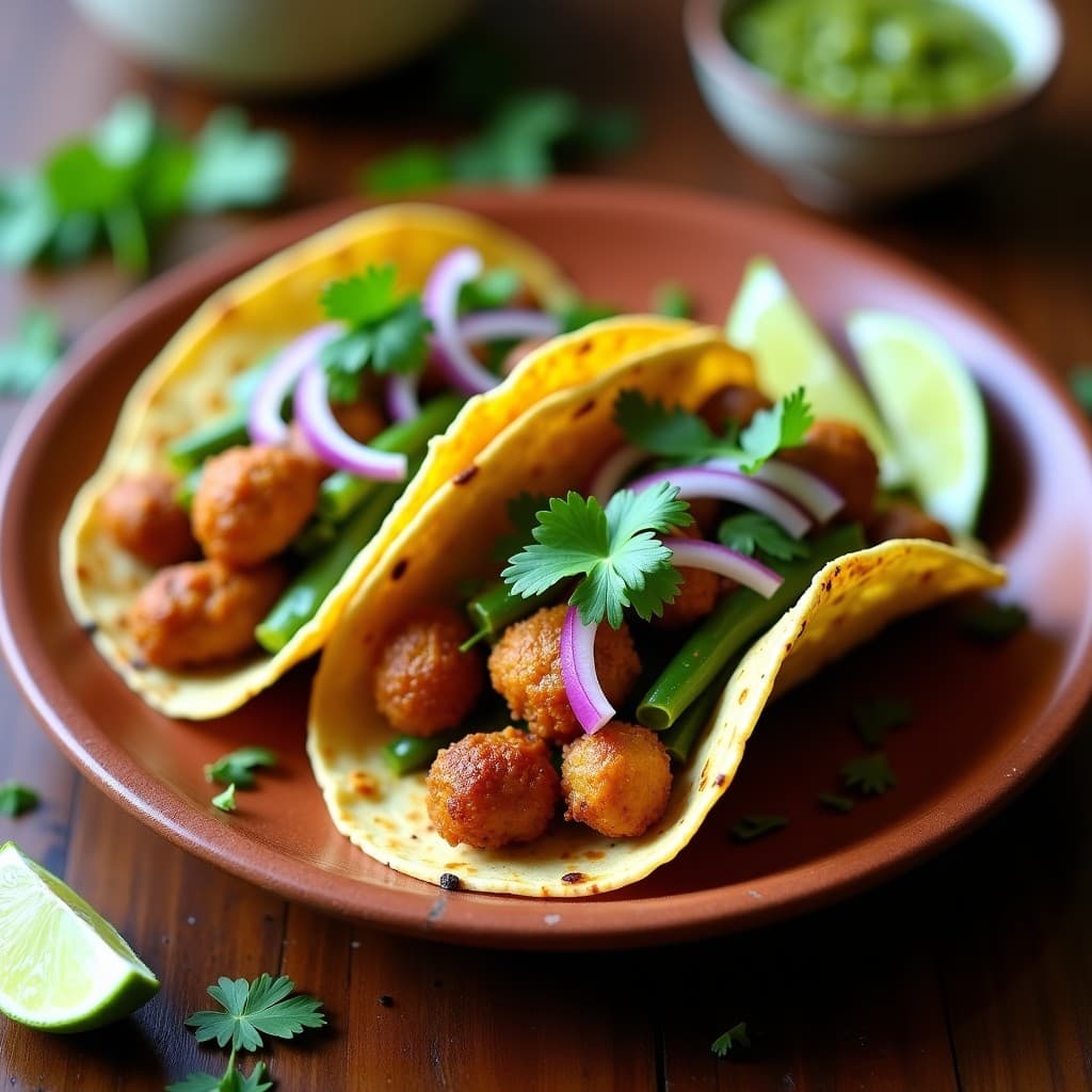 Tacos de hígado de pollo dorado y crujiente con nopales verdes en tortillas de maíz azules, decorados con cebolla morada, cilantro y salsa verde, servidos en un plato rústico de barro. Receta tradicional mexicana en airfryer.