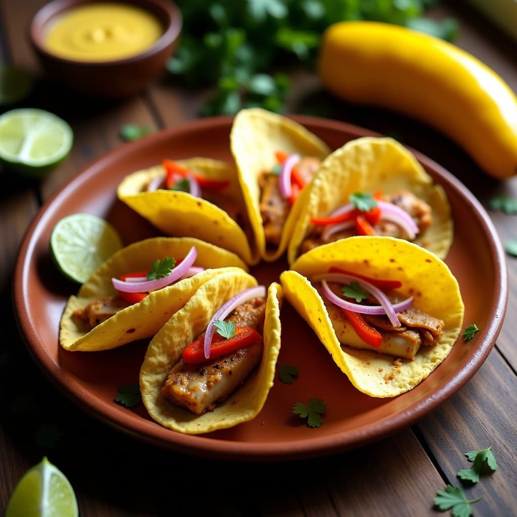 Tacos de hoja de plátano dorada y crujiente rellenos de pescado blanco al ají amarillo, servidos en un plato de barro rústico con salsa cremosa de yogur, cebolla roja y pimiento asado. Receta peruana en airfryer sin harina.