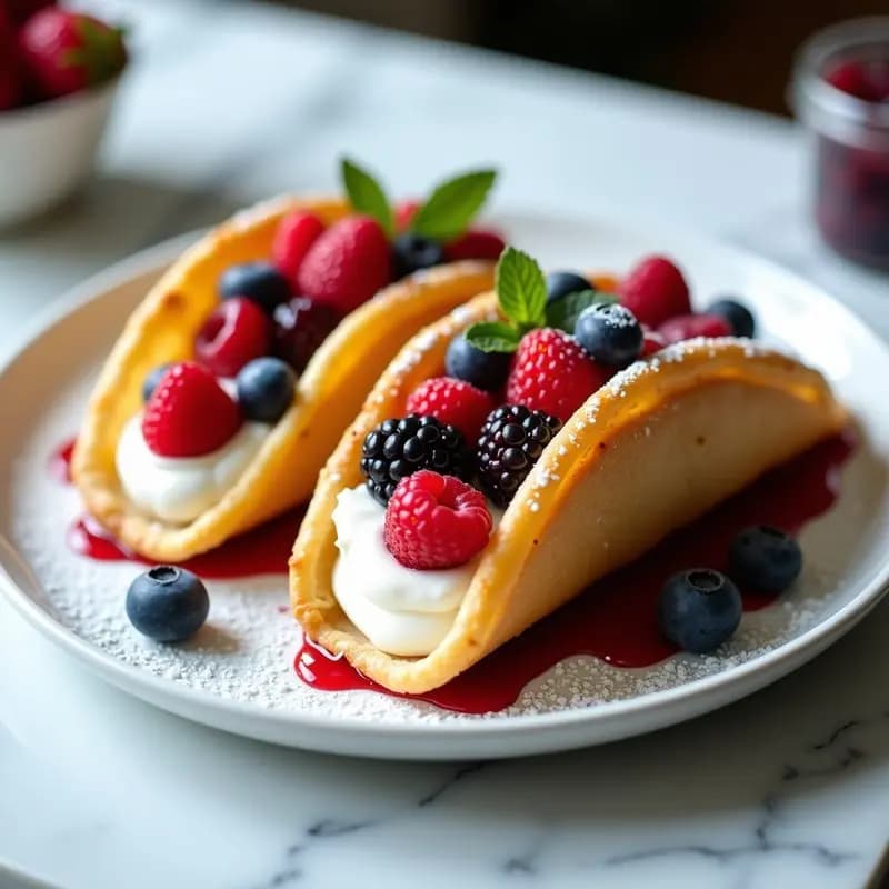 Tacos dorados de hojaldre rellenos de crema pastelera blanca y frutos del bosque rojos y morados, con brillo de mermelada y azúcar glas espolvoreado, postre francés express sobre fondo blanco.