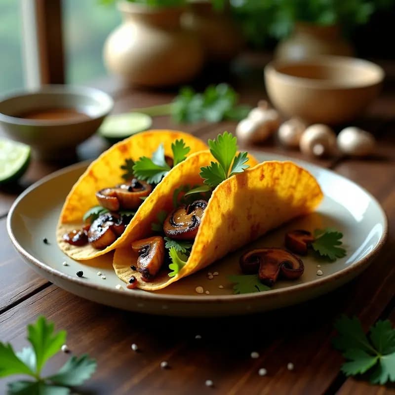 Tacos vietnamitas keto con hojas de loto doradas y crujientes rellenas de hongos shiitake salteados, decorados con semillas de sésamo y cilantro fresco sobre fondo de madera oscura.