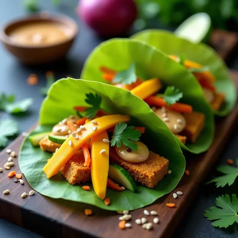 Tacos de hojas de loto rellenos de tofu ahumado dorado, tiras de mango amarillo, zanahoria naranja y pepino verde, bañados en salsa de cacahuete y decorados con semillas de sésamo y cilantro fresco. Receta vegana crudivegana viral para redes sociales.