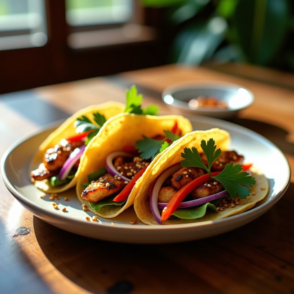 Tacos estilo Hong Kong en airfryer con pollo teriyaki dorado, col china salteada, cebolla morada y pimiento rojo, decorados con semillas de sésamo y cilantro fresco sobre tortillas de maíz.