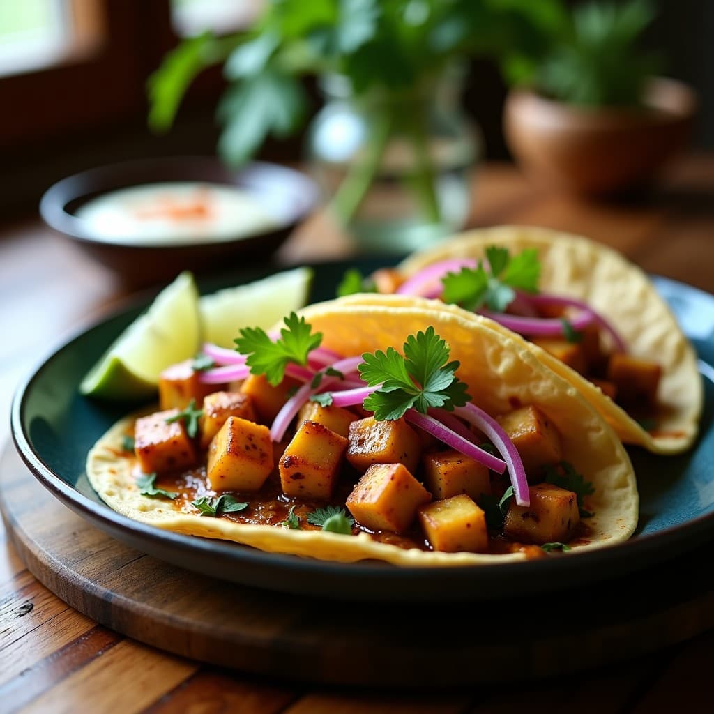 Tacos de hongo ostra dorados y queso paneer en tortillas de maíz azules, espolvoreados con especias garam masala, cebolla morada y cilantro fresco. Plato colorido y apetitoso con textura crujiente, típico de la fusión mexicano-india.