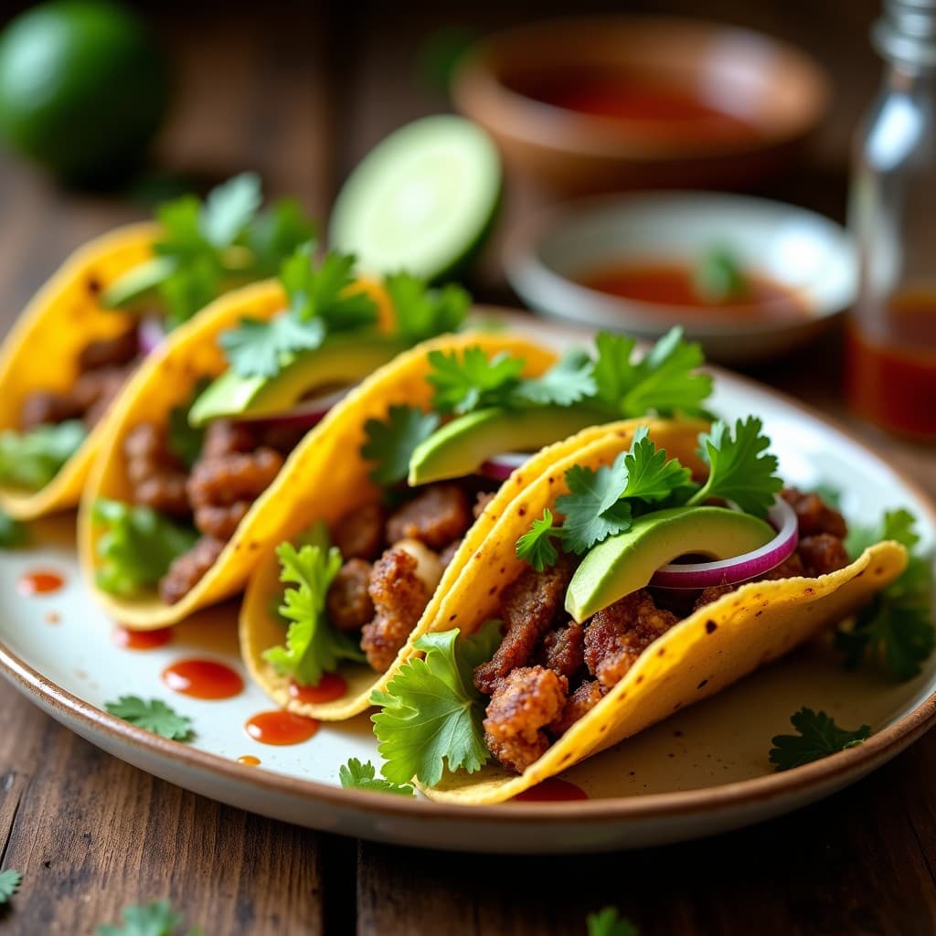 Tacos veganos mexicanos de hongo shitake dorados en airfryer con aderezo de tamarindo brillante, servidos en tortillas de maíz azules sobre un plato de barro. Acompañados de cebolla morada, cilantro fresco y lechuga, con un fondo rústico de madera y limones.