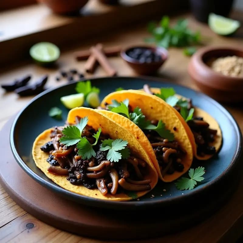 Plato de tacos veganos oaxaqueños con hongos maitake desmenuzados y dorados, bañados en mole negro brillante, servidos en tortillas de maíz azules sobre un mantel de barro rústico. Decorados con cilantro fresco y rodajas de limón, con un fondo de ingredientes como chiles secos y especias.