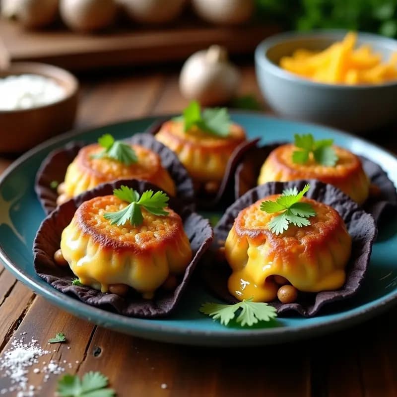 Tacos veganos de hongos ostra y queso Panzerotti con masa dorada de harina de garbanzo, rellenos de una mezcla jugosa de hongos salteados y queso cremoso, decorados con cilantro fresco y rodajas de limón sobre un plato de barro rústico.