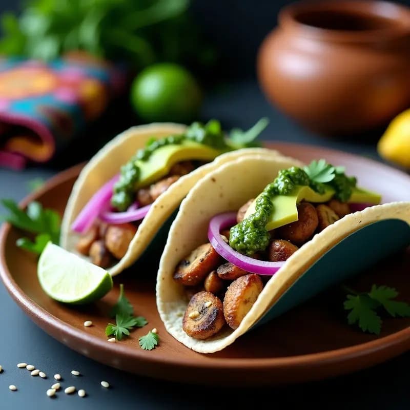 Plato de tacos de hongos ostreatus dorados y crujientes sobre tortillas de maíz azul, acompañados de chimichurri verde brillante, cebolla morada, aguacate y semillas de sésamo. Receta vegana mexicana alta en hierro.