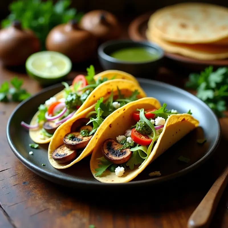Plato con tacos de hongos portobello dorados en sartén, rellenos de lechuga romana, cebolla morada, tomate cherry y queso tybo, bañados en chimichurri verde fresco. Presentación rústica sobre mesa de madera con ingredientes al fondo.
