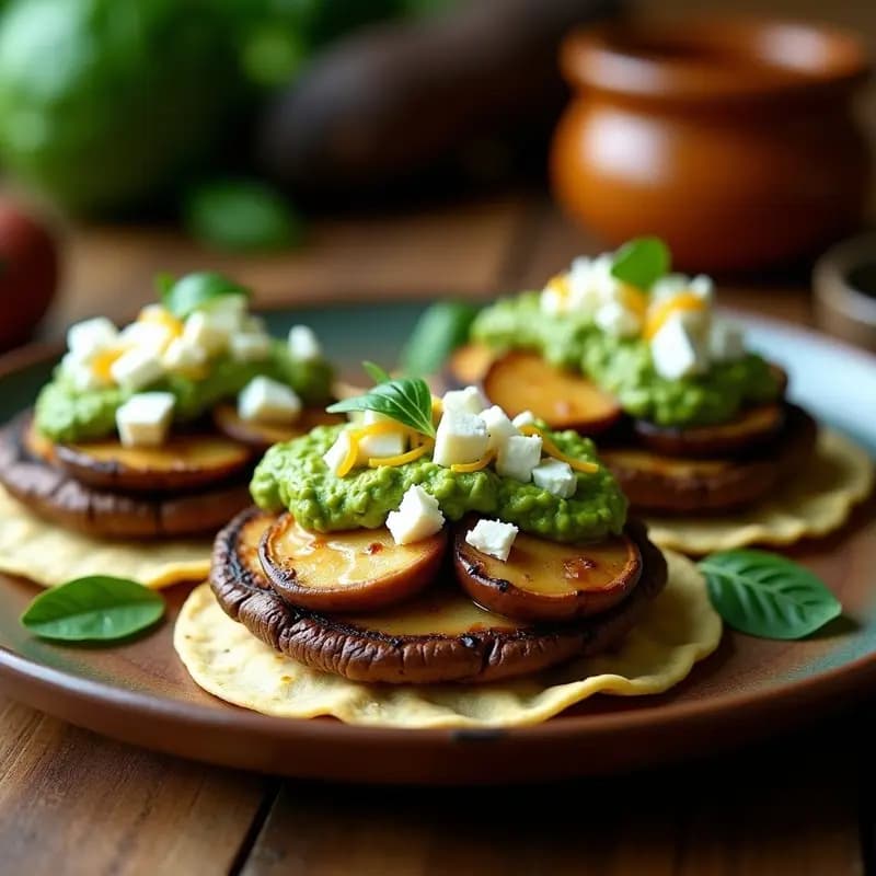 Tacos abiertos de tortilla de maíz tostada rellenos de láminas doradas de hongos portobello, pesto de albahaca verde brillante, queso de cabra desmenuzado y un hilo de miel, servidos sobre un plato de madera rústico con hojas de espinaca baby de fondo.