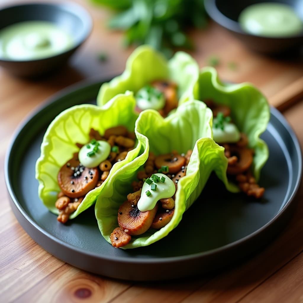 Tacos veganos japoneses de hojas de Butterhead tostadas, rellenos de Hongos Shimeji dorados en Airfryer, coronados con crema de wasabi y semillas de sésamo negro, servidos en plato de cerámica negra con cebollino picado.