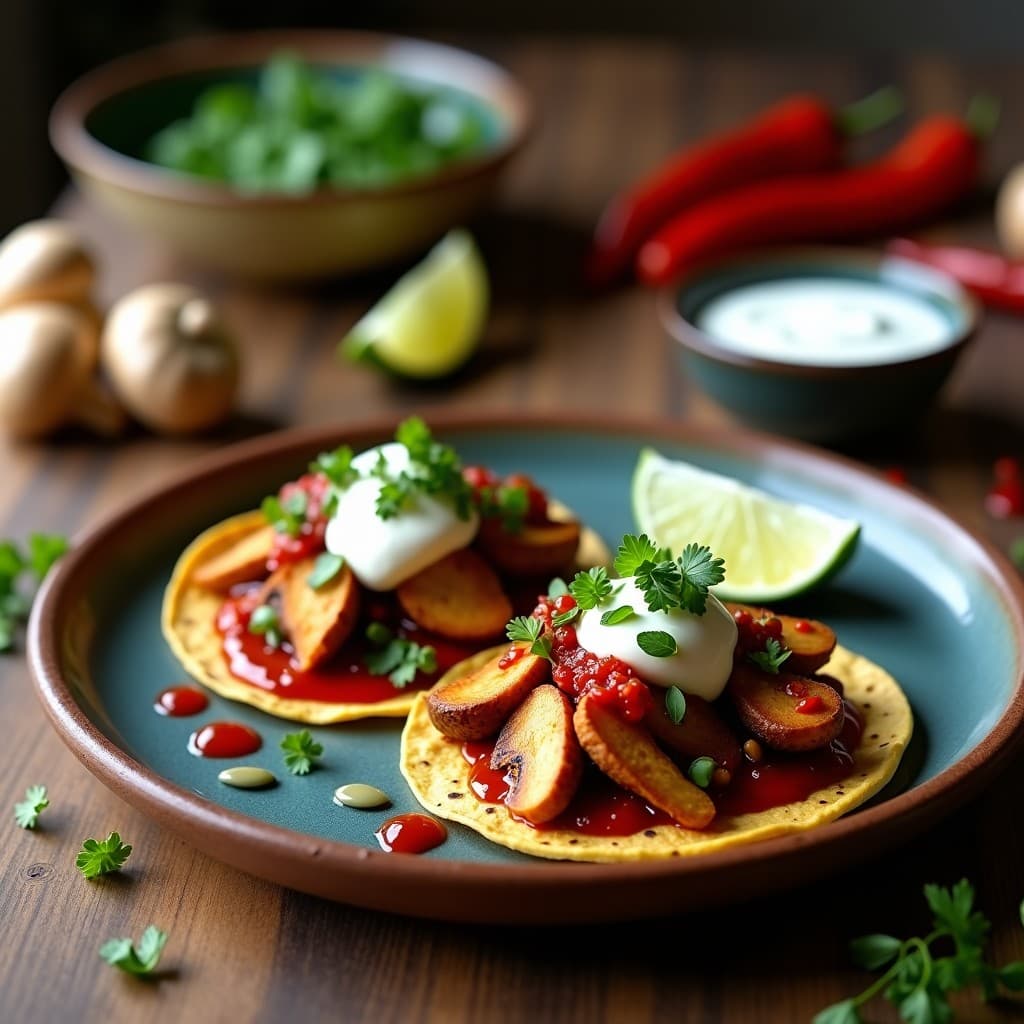 Plato de tacos veganos gourmet con hongos ostra dorados, salsa de guajillo roja brillante, crema de anacardos blanca y encurtido de cebolla morada, sobre tortillas de maíz azules. Decorado con cilantro fresco y rodajas de limón.
