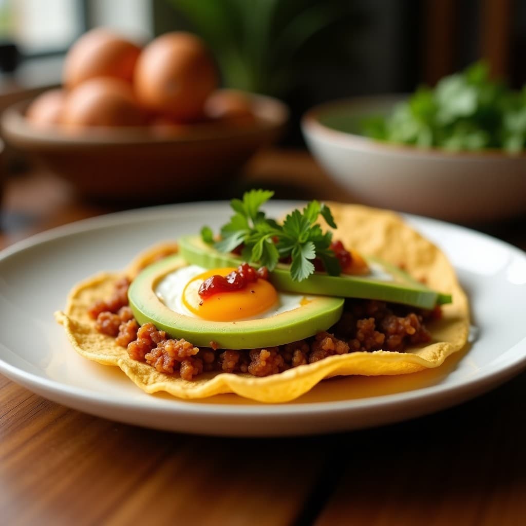 Plato con tacos keto abiertos mostrando huevo poché con yema líquida, aguacate en cubos, cebolla morada y cilantro, bañados en salsa roja de chile de árbol, sobre tortillas de almendra. Decorados con semillas de sésamo y servidos en un plato de barro rústico.