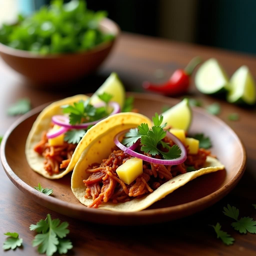 Plato colorido con tacos de jackfruit desmenuzado al pastor, rellenos de jackfruit dorado, trozos de ananá asado, cebolla morada en juliana y cilantro fresco, sobre tortillas de maíz tostadas. Acompañados de rodajas de limón verde y chile serrano.