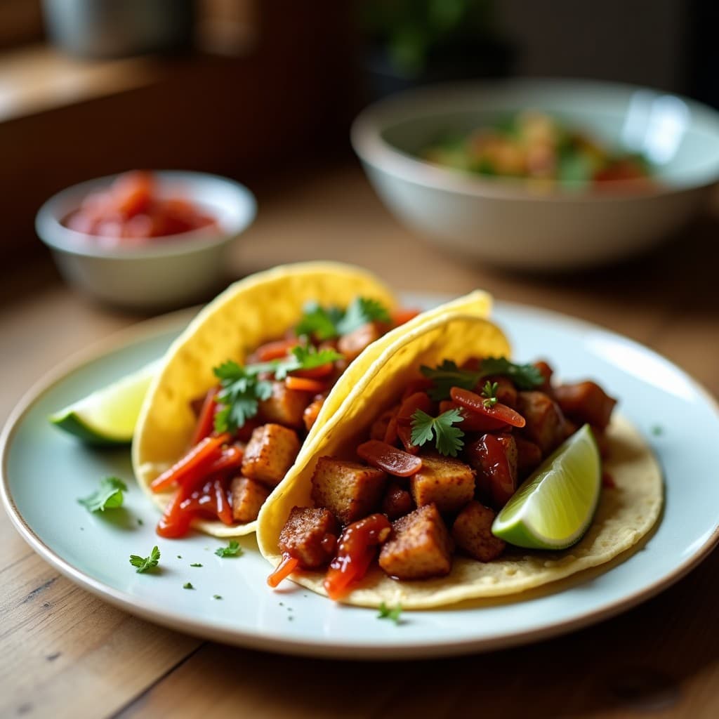 Plato de tacos veganos Tex-Mex con jackfruit desmenuzado dorado en salsa BBQ, col morada encurtida en tonos púrpuras, cebolla morada y cilantro fresco sobre tortillas de maíz. Presentación rústica con fondo de madera y rodajas de limón.