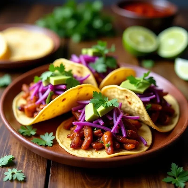 Plato de tacos de jackfruit desmenuzado ahumado en tortillas de maíz, acompañados de aguacate, repollo morado y cilantro fresco, receta vegana rápida.
