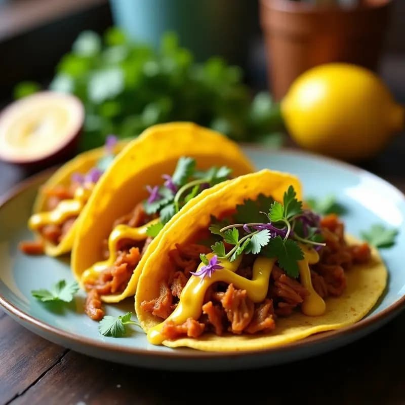 Plato de tacos abiertos de jackfruit desmenuzado dorado, bañados en salsa amarilla vibrante de maracuyá, decorados con microgreens morados y verdes, y cilantro fresco sobre tortillas de maíz. Receta vegana explosiva en colores, estilo TikTok.