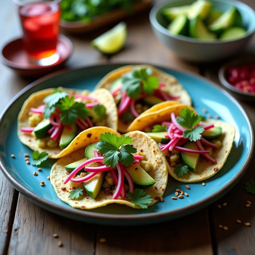 Tacos de maíz azules rellenos de pepino encurtido, cebolla morada, aguacate y semillas de sésamo, bañados con infusión de jamaica, receta vegana y rápida.