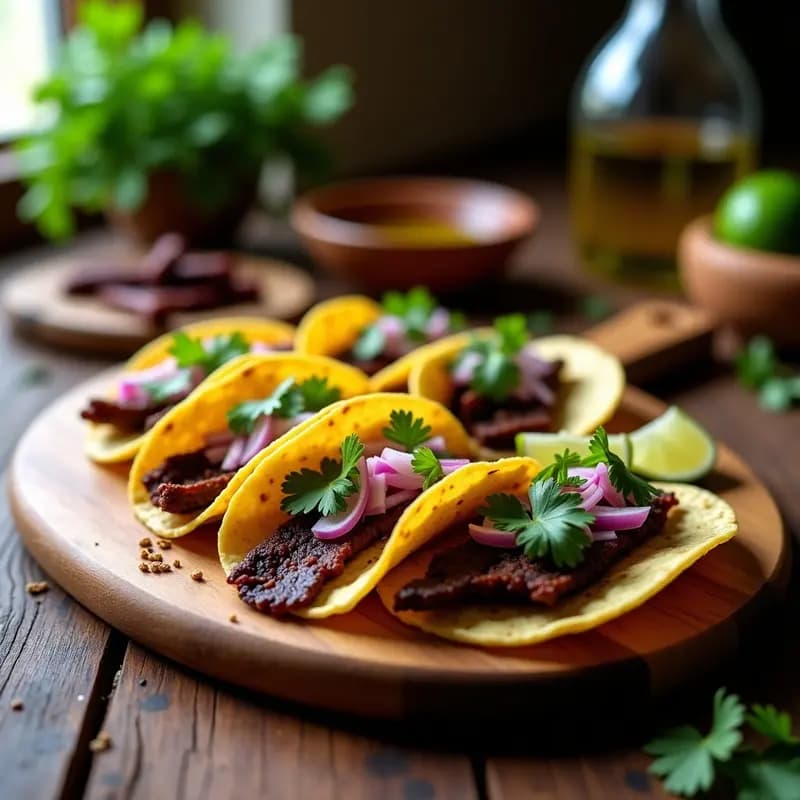 Tacos de maíz rellenos de jerky de res casero en trozos, acompañados de cebolla morada, cilantro fresco y gajos de limón sobre una tabla de madera rústica. Receta de carnes curadas caseras.