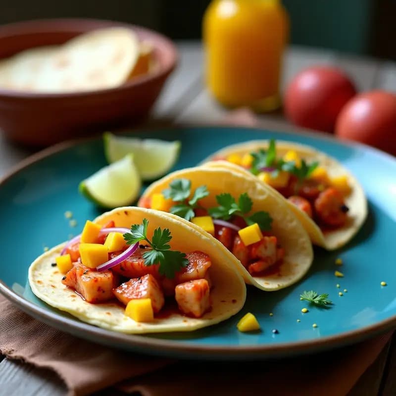 Plato de tacos de langosta a la talla con mango y habanero en tortillas de maíz azules, decorados con cebolla morada y cilantro fresco sobre un comal de barro.