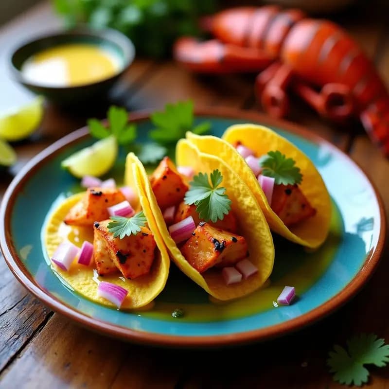 Tacos de langosta a la talla con mantequilla de chile y limón, servidos en tortillas de maíz azul, adornados con cebolla morada y cilantro fresco sobre un plato de barro rústico.