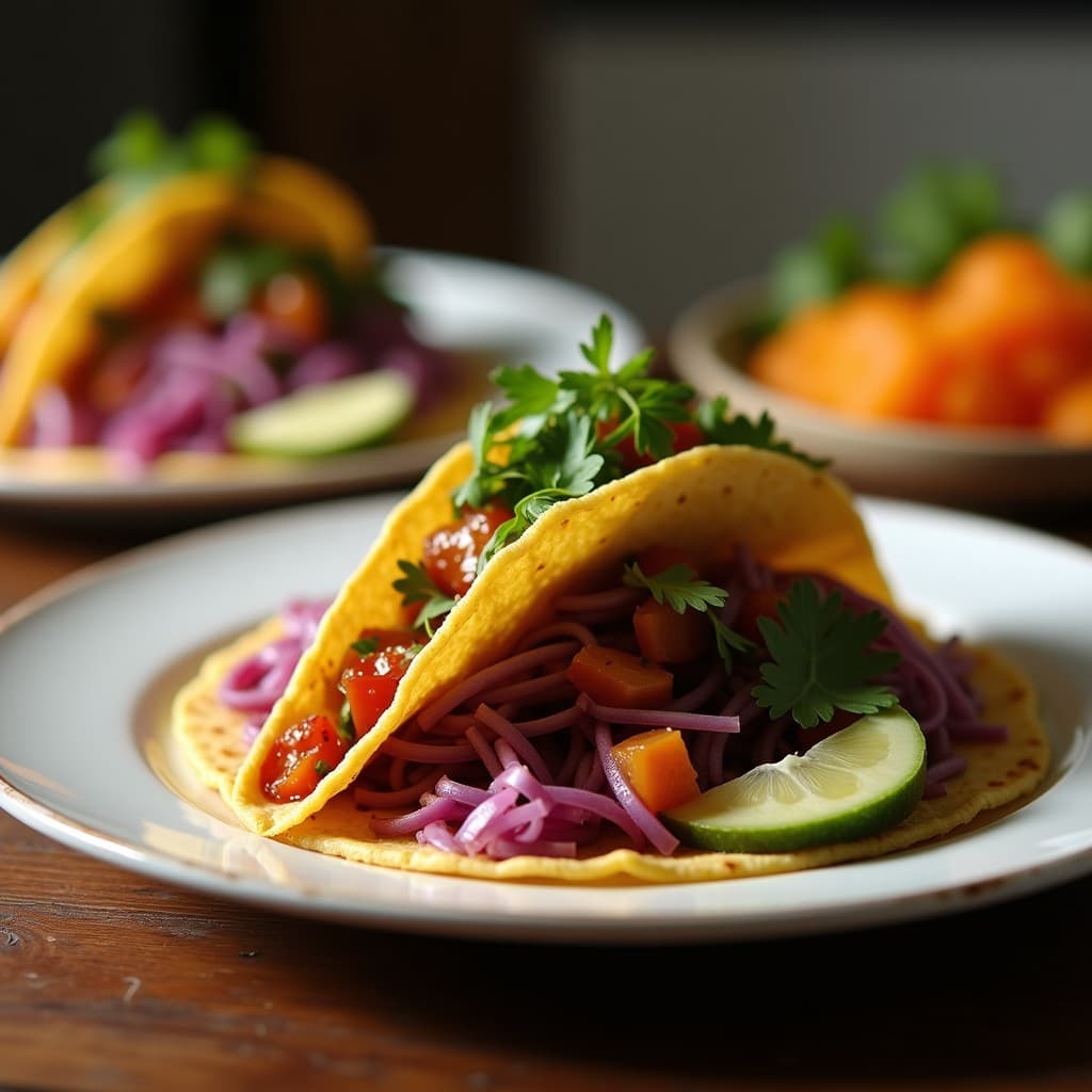 Plato de tacos de Leibach alemán con ensalada de repollo morado y zanahoria, aderezo de mostaza y miel, servidos en tortillas de maíz azules y decorados con cilantro fresco.