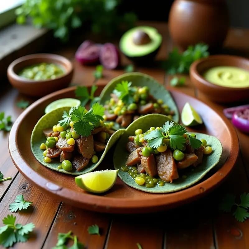 Plato de tacos de lengua de res desmenuzada con salsa verde yucateca sobre tortillas de maíz azul, decorados con cebolla morada y cilantro fresco, servidos en un plato de barro rústico.