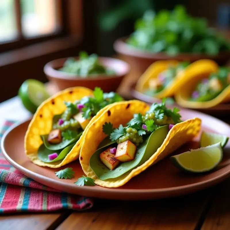 Plato de tacos de nopal con queso paneer dorado y salsa verde fresca, servidos en tortillas de maíz azul sobre un mantel de fibra natural, acompañados de cebolla morada en juliana y cilantro fresco.