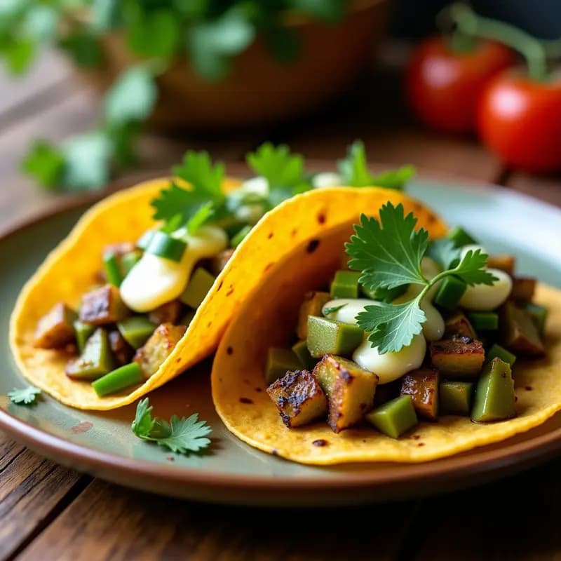 Plato de tacos de nopal con queso panela en tortillas de maíz, acompañados de pico de gallo fresco y cilantro, receta mexicana alta en fibra sin carne.