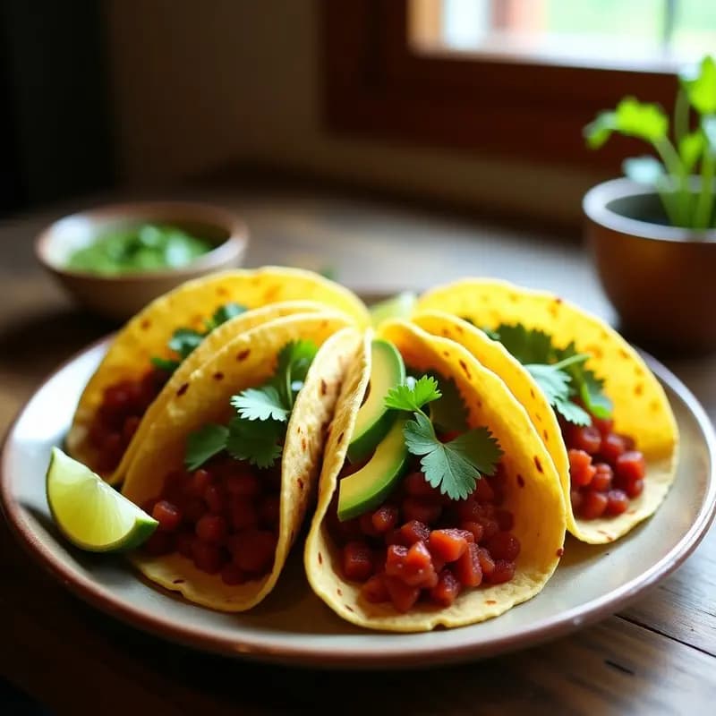 Plato de tacos de nopales y chorizo vegano bajos en calorías y sin gluten, con tortillas de maíz rellenas de nopales salteados y chorizo vegano de lentejas y remolacha, decorados con aguacate, cilantro y lechuga romana sobre un fondo rústico de madera.