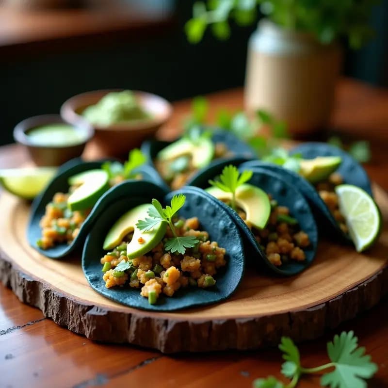 Plato de tacos veganos de nopales y huitlacoche servidos en tortillas de maíz azul, acompañados de aguacate, cilantro y limón, con fondo rústico de madera.