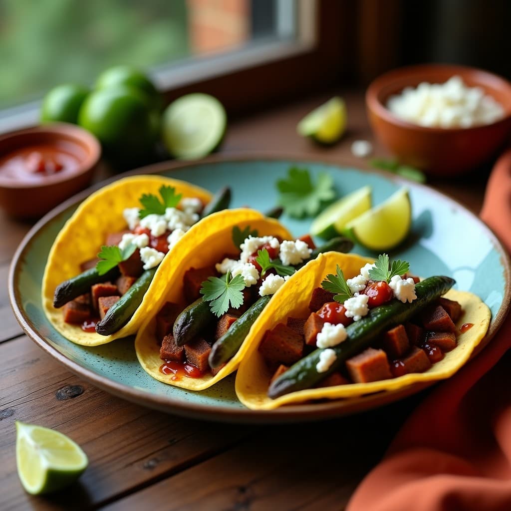 Plato de tacos de nopales con salsa de chile pasilla oscura y queso cotija desmenuzado sobre tortillas de maíz azules, decorados con cilantro fresco y rodajas de limón. Receta mexicana para diabéticos, baja en carbohidratos.