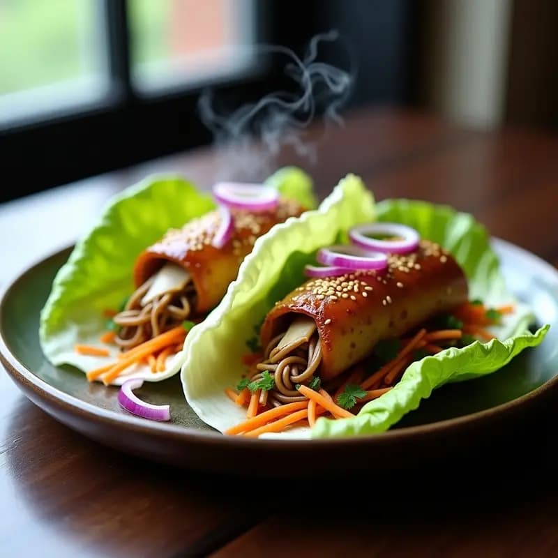 Tacos ong gi rellenos de hongos shitake horneados, servidos sobre hojas de lechuga romana con semillas de sésamo y rodajas de cebolla morada, receta coreana fusion vegana.