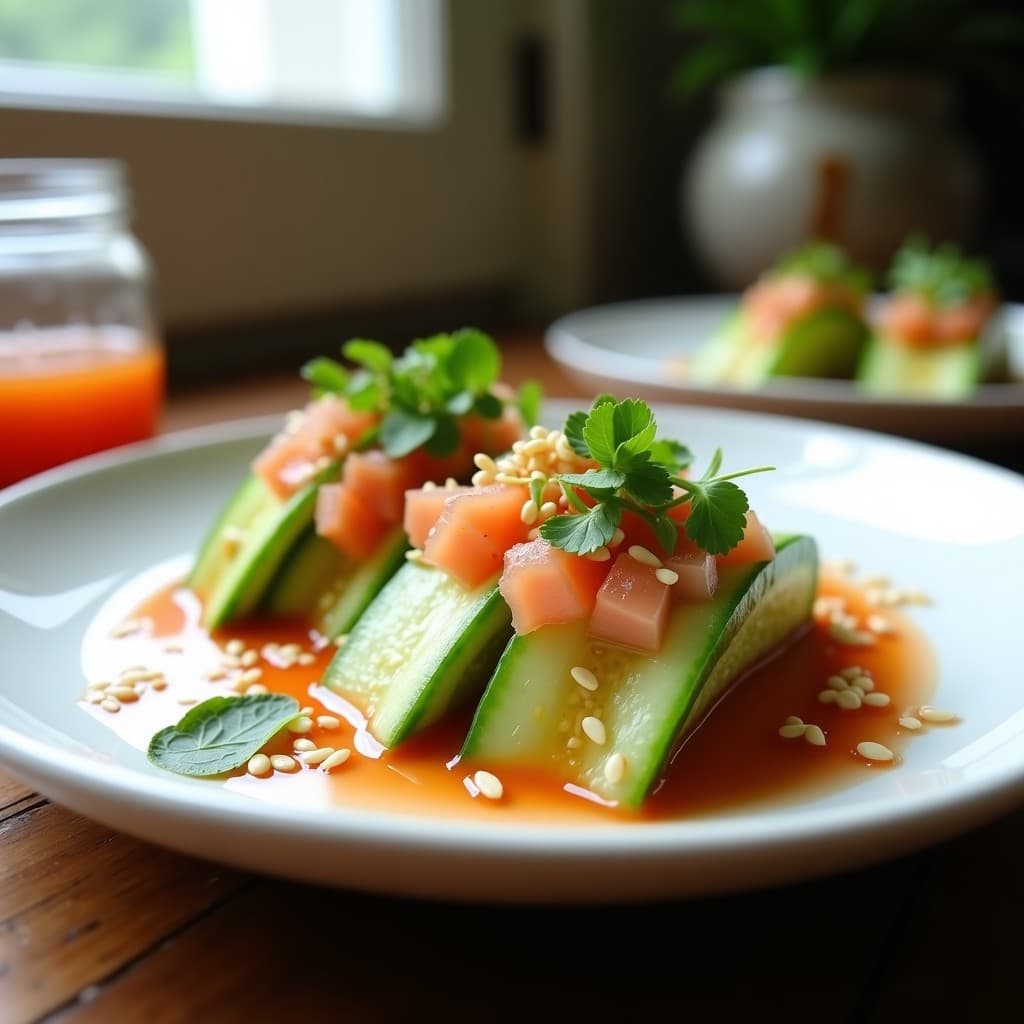 Tacos onggi japoneses de pepino fermentado con umeboshi, servidos en plato blanco con semillas de sésamo y jengibre rallado, receta probiótica y sin gluten.