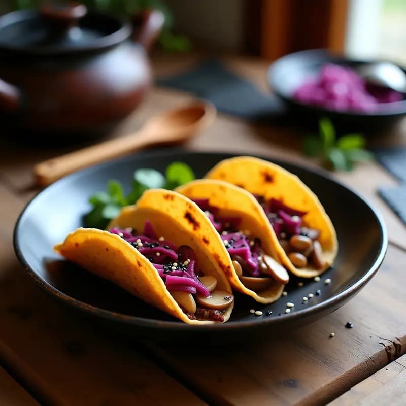Plato de tacos onggi japoneses veganos con tortillas doradas rellenas de shiitake, kimchi y semillas de sésamo, fermentados en casa.