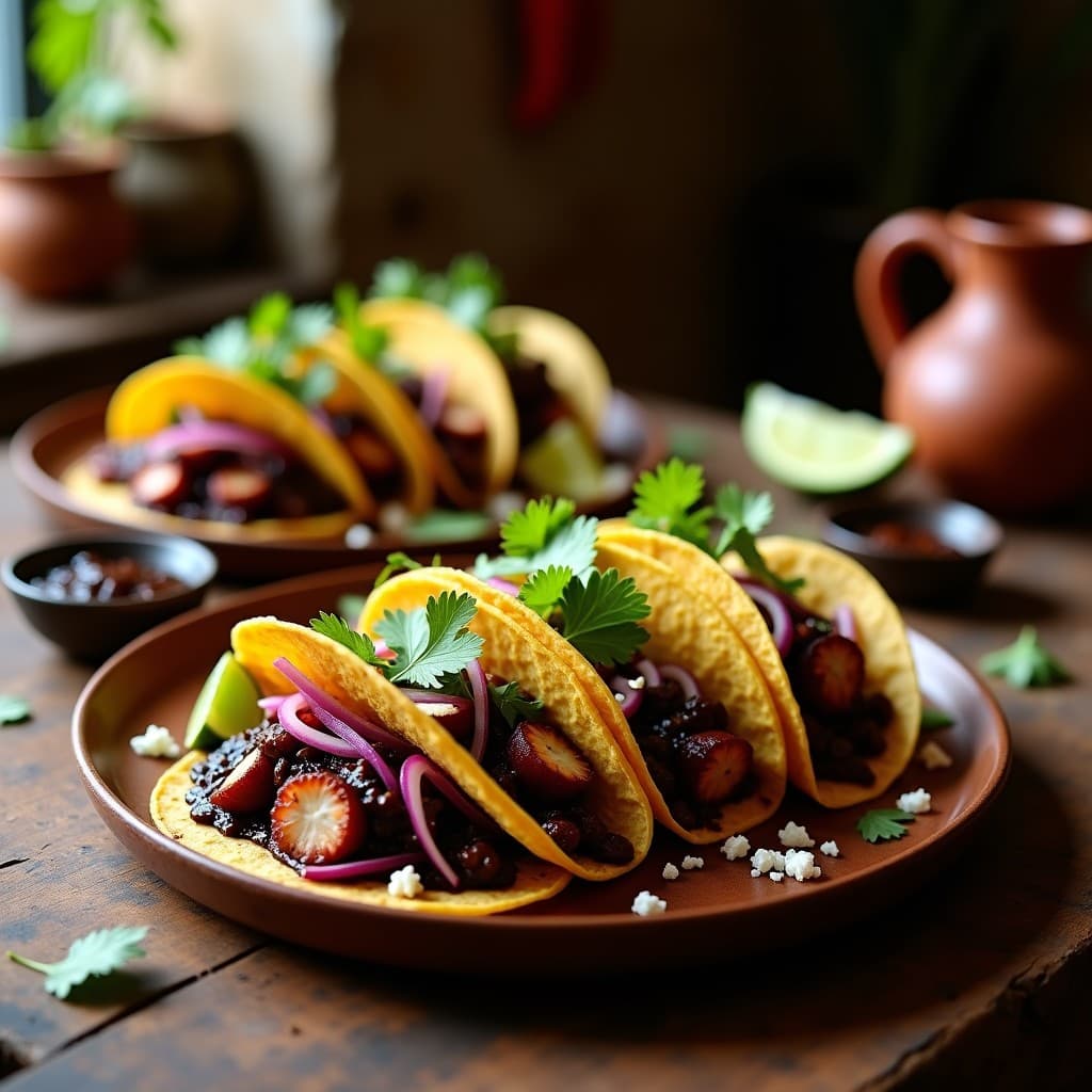 Plato de tacos de onggi rellenos de pulpo ahumado desmenuzado, bañados en mole negro, decorados con cebolla morada, cilantro fresco y queso desmenuzado, servidos sobre un mantel rústico.