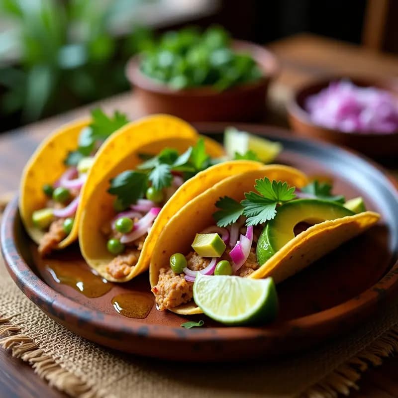 Tacos de ongi ete con bacalao desmenuzado sobre tortillas de maíz, acompañados de aguacate, cebolla morada, cilantro y chile serrano, servidos en un plato de barro rústico con limones al lado.