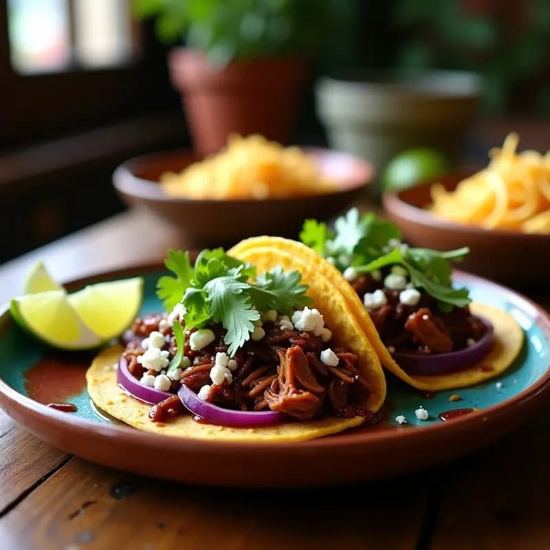 Plato de tacos ongi ete con pollo ahumado sobre tortillas de maíz azul, cubiertos con salsa oscura de chile pasilla, cebolla morada, lechuga romana y queso fresco desmenuzado.