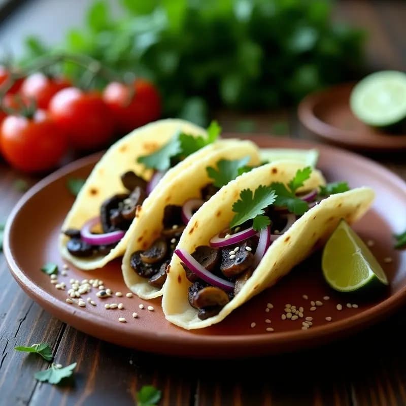 Tacos de jícama con ongi servidos en plato de barro, láminas de jícama crujiente rellenas de ongi salteado con cebolla morada, chile y cilantro, espolvoreados con semillas de sésamo.