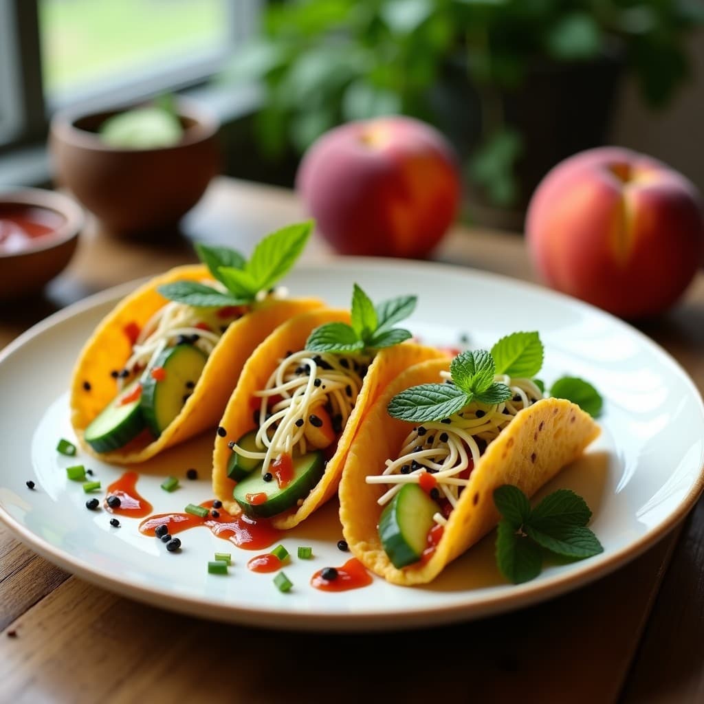 Tacos ongi veganos con tortillas de maíz rellenas de pepino, melocotón, germinados de soja y salsa doenjang, decorados con semillas de sésamo y menta fresca.