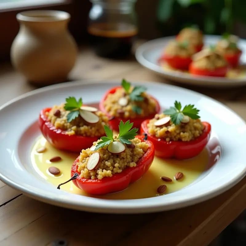 Tacos de pimientos del piquillo asados rellenos de quinoa, queso de cabra vegano y almendras fileteadas, servidos en bandeja rústica con decoración de perejil fresco.