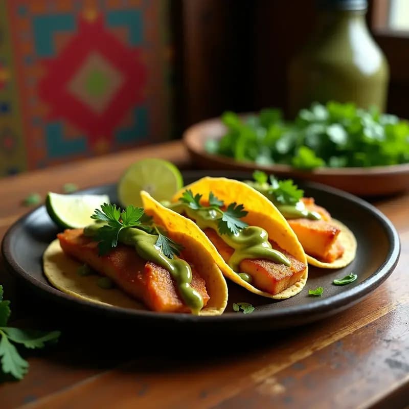 Tacos de ongolmo ahumado servidos en tortillas de maíz doradas, bañados con salsa de ají verde cremosa y decorados con cilantro fresco, receta peruana auténtica.