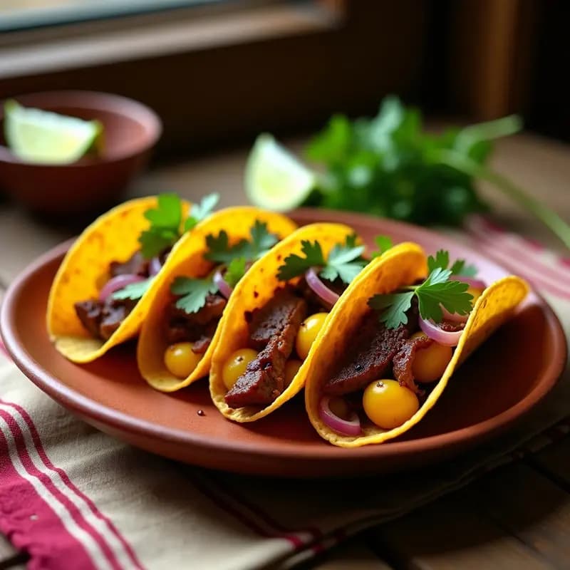 Plato de tacos de ongolmo con cebolla morada y patata, servidos en tortillas de maíz doradas con cilantro fresco y limón, receta peruana tradicional.