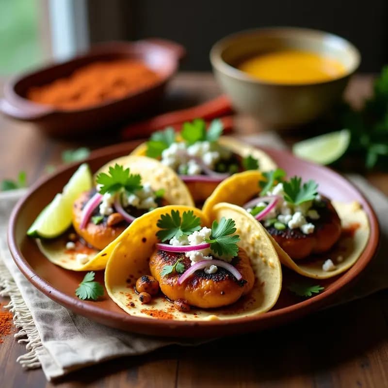 Plato de tacos de ongolmo al estilo Moquegua, con tortillas de maíz rellenas de ongolmo salteado, cilantro y queso fresco, servidos en un plato de barro con rodajas de limón y salsa picante.