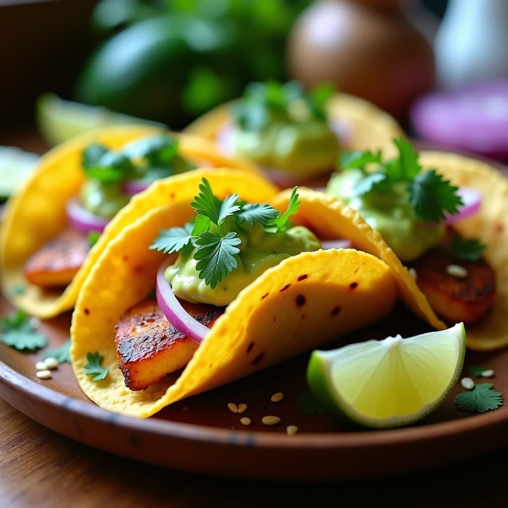 Plato de tacos de pangasius ahumado con salsa de marl y aguacate, servidos en tortillas de maíz con cebolla morada, cilantro y semillas de sésamo. Receta vieta rápida y colorida.