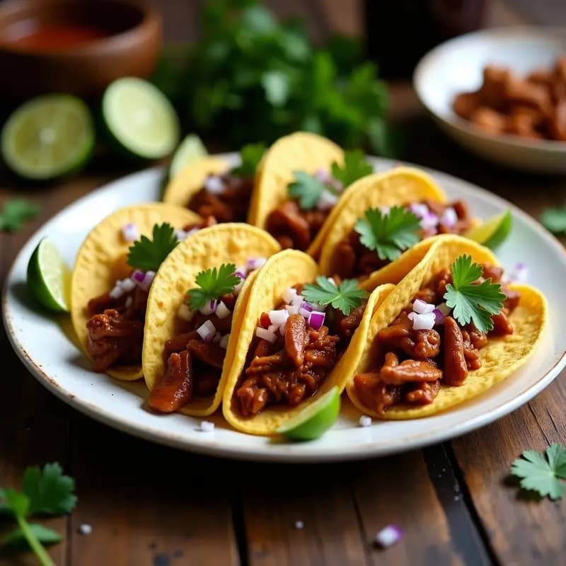 Plato de tacos de maíz rellenos de pechuga desmenuzada al café y especias, con cebolla morada, cilantro fresco y gajos de limón, servidos sobre una tabla de madera rústica.