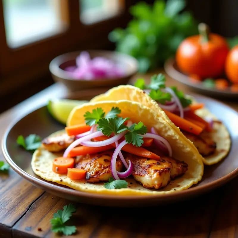 Plato de tacos de pechuga de pollo dorada con encurtidos de jícama, cebolla morada y zanahoria en juliana sobre tortillas de maíz, decorados con cilantro fresco. Receta mexicana rápida y sin gluten.