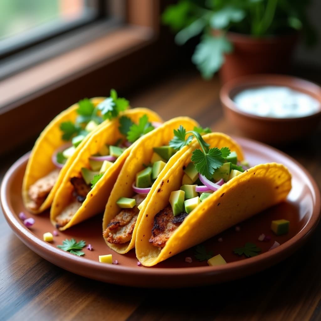 Tacos de pechuga de pavo ahumada en airfryer, con tortillas de maíz doradas, rellenos de tiras de pavo crujientes, aguacate, cebolla morada y cilantro, servidos en plato rústico de barro.
